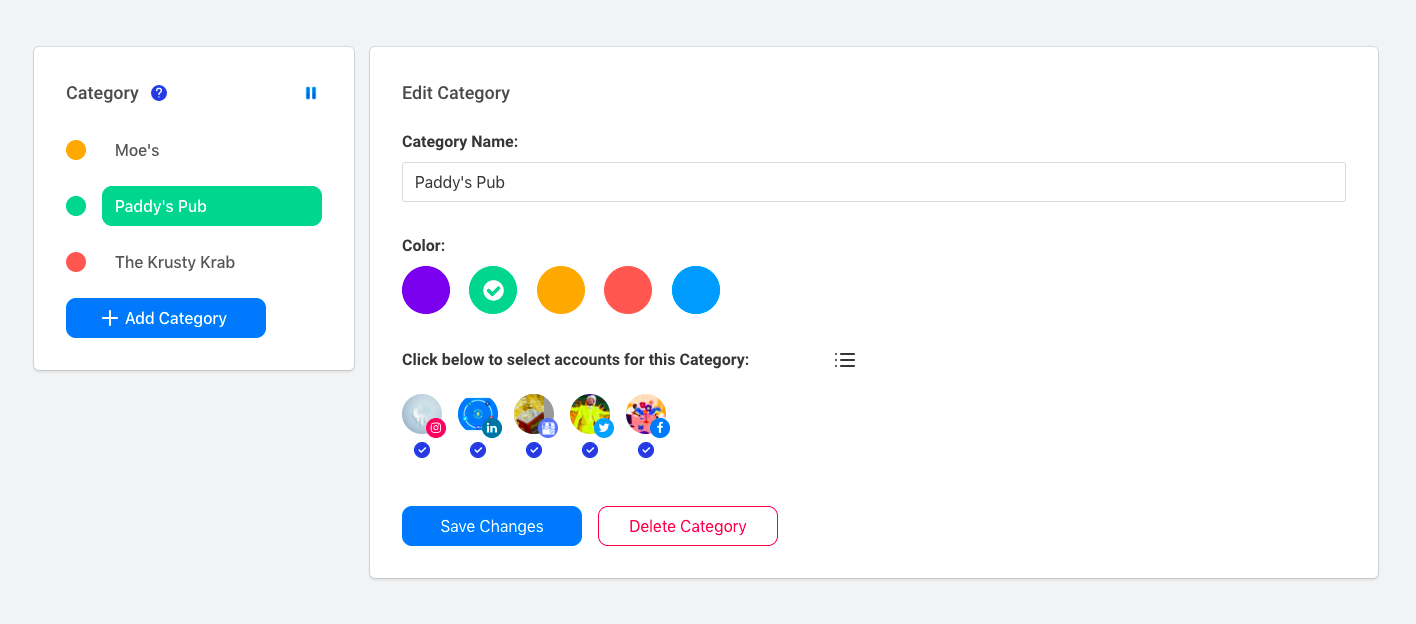 Create and manage categories for organizing social media accounts in OneUp